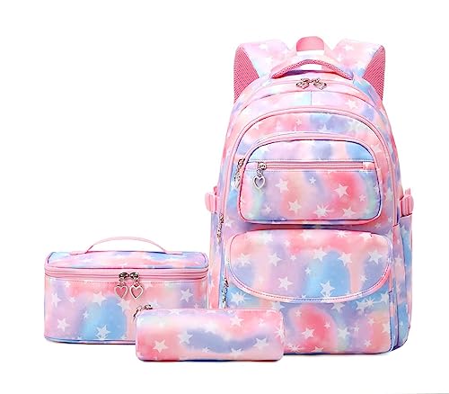Azonee 3Pcs Colorful Star Prints Backpack Sets, Kids Bookbag Primary School Middle School Daypack Elementary Students Knapsack for Girls (Pink)