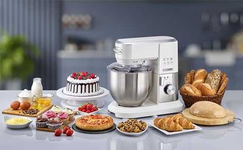 BLACK+DECKER Stand Mixer, 1000W, 6L Stainless Steel Bowl, 10 Speeds + Pulse, Planetary Action, Dough Hook, Beater, Whisk Attachments, Tilt Head, for Baking and Kneading, White - MKM100-B