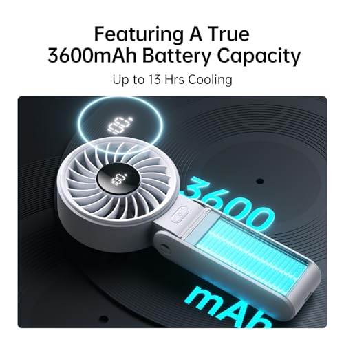 JISULIFE Handheld Fan Life7,2024 Powerful Portable Fan with LED Display,3600mAh,150°Folded,5 Speeds,Lanyard[13Hrs Max Cooling]3-IN-1 Hand/Desk/Neck Fan,Summer Essentials for Travel,Concert,Lash(Grey)