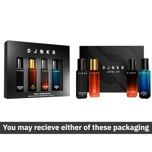 DJOKR Perfume Gift Set for Men Pack of 4x20 ML | Eau De Parfum | Premium Luxury Long Lasting Fragrance Spray | Signature, On The Rocks, Oud Wood, Marine (4x20 ml)