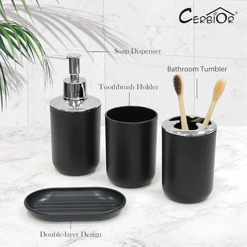 CERBIOR Bathroom Accessories Set 6 Piece Bath Ensemble Includes Soap Dispenser, Toothbrush Holder, Toothbrush Cup, Soap Dish for Decorative Countertop and Housewarming Gift, Black, Large