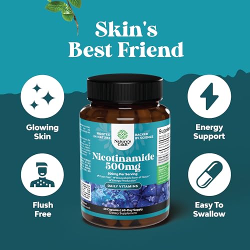 Vitamin B3 Nicotinamide 500mg Capsules - Mitochondrial Energy and Anti Aging Skin Supplement - AKA Vitamin B3 Niacin 500mg Flush Free and Niacinamide 500mg - Flush Free Niacin Supplement - 60 Count