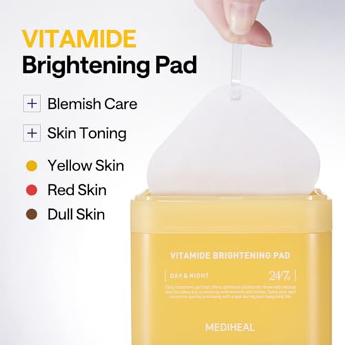Mediheal Korean Vitamide Brightening Pad 100 Pads | Day & Night Treatment for Clear, Radiant Skin | Hypoallergenic with Niacinamide & Sea Buckthorn | Boosts Skin Tone & Glow