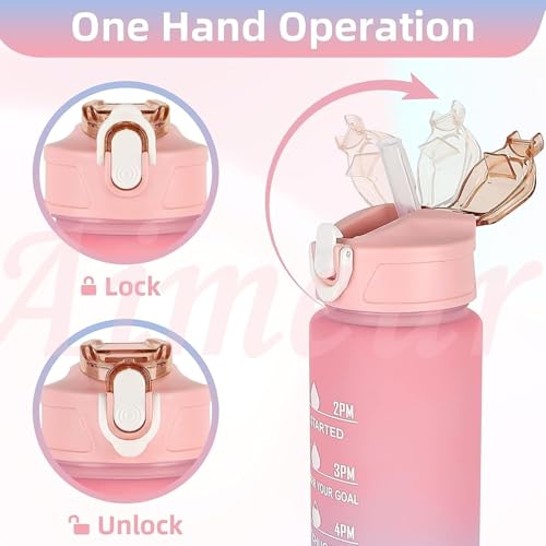 3 Pack Sports Water Bottle With Straw,2L+900ml+500ml Measured Plastic Drinking BPA Free Non-Toxic Sports Drinks Time Markings Motivational Fitness (Pink)