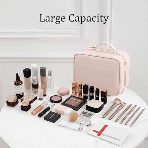 Multi-Compartment Toiletry Cosmetics Bag, Travel Makeup Bag, Toiletry Cosmetics Bag, PU Leather Portable Large Toiletry Bag with Compartments, Portable Cosmetic Travel Bag (Pink)