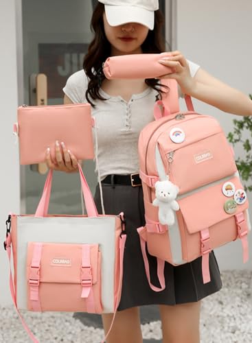 School Bag for Girls, 4Pcs Cute Backpack Set with Pendant Lunch Bag, Pencil Case, Handbag, Coin Purse for Teen Girls School Backpack