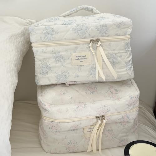 Lushandy 3 Pcs Quilted Floral Makeup Bag Set Cute Cosmetic Bag Coquette Aesthetic Makeup Bag Large Travel Makeup Organizer Toiletry Bag