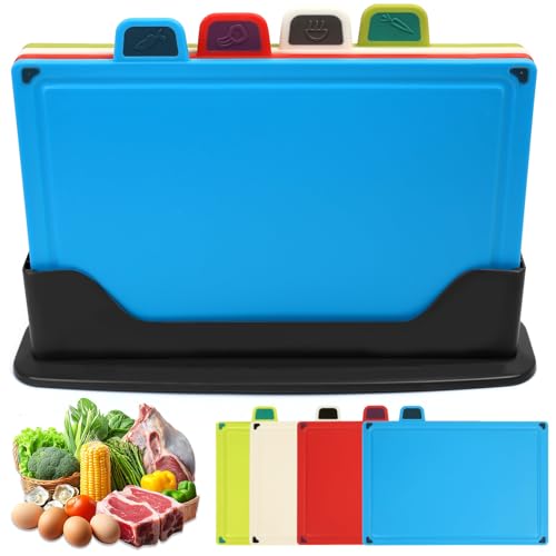 Plastic Chopping Board, Set of 4, 30 x 20 cm, Chopping Board Set with Stand, Dishwasher Safe PP, BPA-Free, Non-Slip Chopping Boards Set, Kitchen Boards for Fruit, Vegetables, Meat