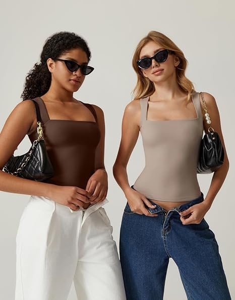 Women's Square Neck Sleeveless DoubleLayer Vest Basic Tight T-Shirt Women's Camisole Fashionable TightFitting Inner Fitness Top