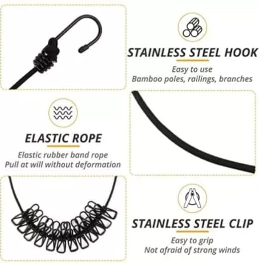 Wiikon Cloth Drying Rope with Two Sided Hooks, Elastic 12 Clips Cloth Hanging Rope Non-Slip Clotheslines for Outdoor Indoor Travel Laundry Drying Hanging Clothes (Pack of 2)