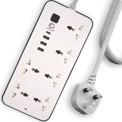 CIRCUIT GREEN Universal Extension Lead/Cord with Multiple Functions, UK 3-Pin Plug Socket with 6 Outlets | 3 USB Ports | 1 Type-C Cable Port, 2M Power Strip for Home, Kitchen, and Office (White)