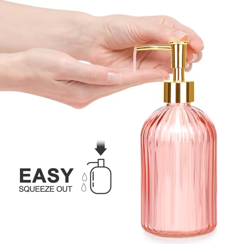 Bathroom Accessories Set, 4 Pcs Glass Bathroom Accessories Sets Complete w/Lotion Soap Dispenser, Toothbrush Holder, Apothecary Jar, Vanity Tray, Modern Bathroom Decor, Gift for Home Apartment- Pink
