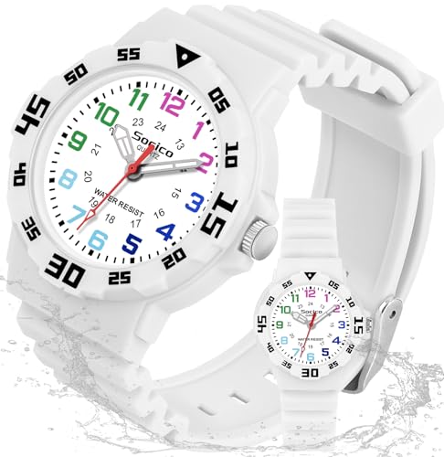SOCICO Children Analog Watch for Boys Girls Waterproof Time Teaching Watch with Soft Band Learning Time Wrist Watch Easy to Read for Kids Great Gifts