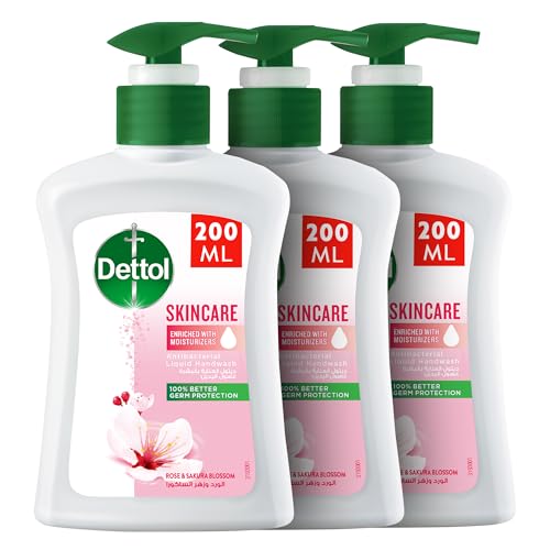 Dettol Handwash Liquid Soap Skincare Pump for Effective Germ Protection & Personal Hygiene, Protects Against 100 Illness Causing Germs, Rose & Sakura Blossom Fragrance, 200ml (Pack of 3)