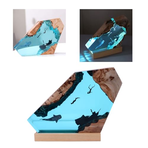 gernie Resin Diver and Humpback Whale LED Night Light, Large Handcrafted Wood Lamp for Home Decor, Desk Ornament