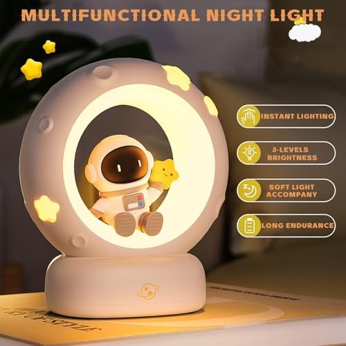 NALACAL Astronaut LED Bedside Night Light for Kids, USB Rechargeable Touch Lamp with 3-Levels Dimmable Brightness, Ideal Bedroom Decor and Gift for Birthdays, and More (White)