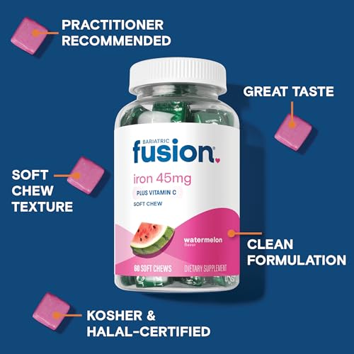 Bariatric Fusion Iron Soft Chew with Vitamin C | Watermelon Flavored | Iron Supplement Chewy Vitamin for Bariatric Patients Including Gastric Bypass and Sleeve Gastrectomy | 60 Count | 2 Month Supply