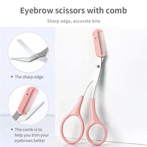 Juformin Eyebrow Trimmer Set, 3 Pcs Eyebrow Lamination Kit,Eyebrow Scissors with Comb& Curved Eyebrow Razor&Straight Eyebrow Razor,Convenient Beauty Tools for Men Women(Pink)