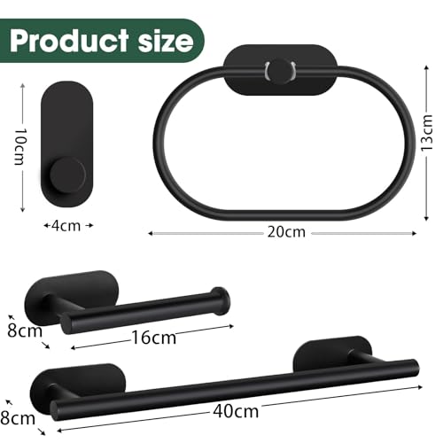 ZERIFAM Bathroom Towel Holder - 4-Pieces Towel Rack Bathroomï¼ŒBathroom Hardware Set No Need To Drill Holes,Includes Toilet Paper Holder, Clothes Hook, And Two Towel Racks (BLACK)