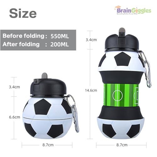 BrainGiggles Collapsible Water Bottle, Soccer Clip-On Silicone Foldable Tumbler for Kids, Portable Flexible Water Cup with Carabiner, BPA Free Leak Proof for Travel Camping Hiking Sport (500ML,White)
