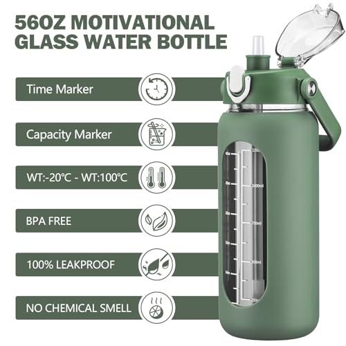 kytffu 56oz Glass Water Bottles with Straw, Motivational Glass Bottle with Silicone Sleeve and Time Marker, Leakproof Large Glass Water Jug for Gym Home Office,Olive