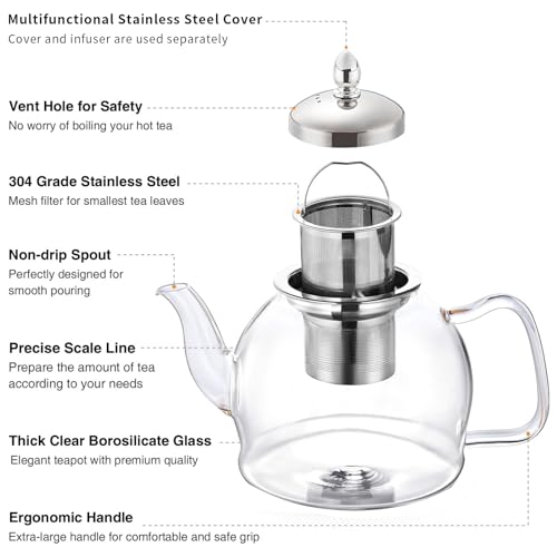 Yoawllty Glass Teapot with Infuser, 1000ml Borosilicate Tea Kittle,Glass Heat Resistant Clear Tea Pot with Infuser Strainer Removable Infuser for Microwavable and Stovetop Safe