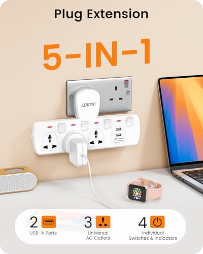 LENCENT Multi Plug Extension Socket with USB, 3 Way Electrical Outlet Extender with 2 USB, Wall Charger, Universal Plug Adapter, Charging Station for Home, Office, Kitchen, Individually Switched