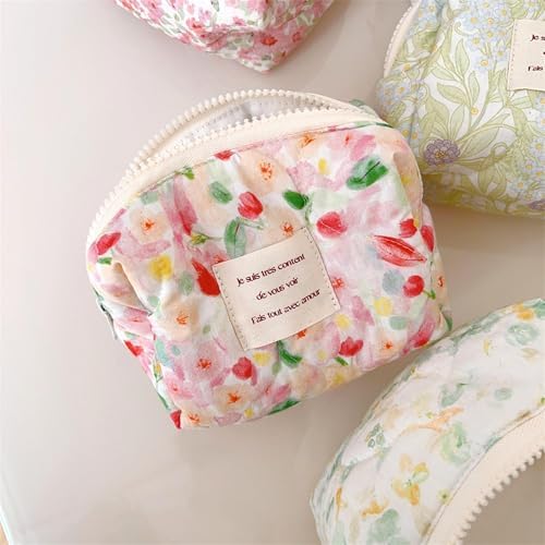 Azonee 2 Pcs Floral Makeup Bag Large Travel, Cotton Quilted Cosmetic Makeup Bag Organizer, Cute Coquette Aesthetic Zipper Portable Pouch Purse Toiletry Bag for Skincare Cosmetics (Pink Floral flowers)