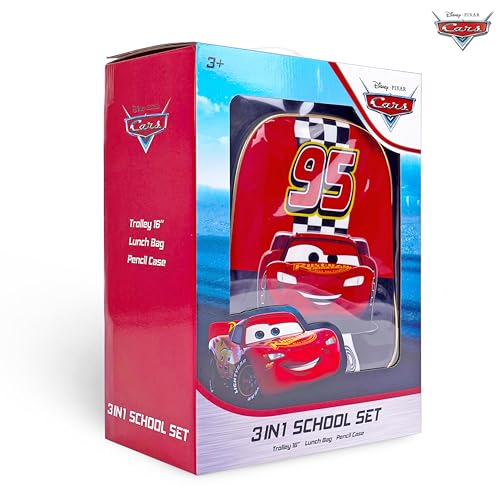 TRUCARE Disney Cars 16 Inch Kids 3-in-1 Trolley School Bag Set - Ergonomic Backpack, Insulated Lunch Bag & Pencil Case,Lightweight, Durable, Students 6+ - Perfect for Travel & School,For Boys
