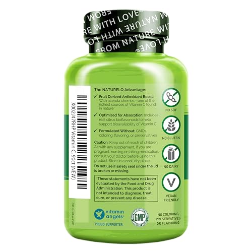 NATURELO Vitamin C with Organic Acerola Cherry Extract and Citrus Bioflavonoids - Vegan Supplement - Immune Support - 500 mg VIT C per Cap - Non-GMO - 90 Capsules