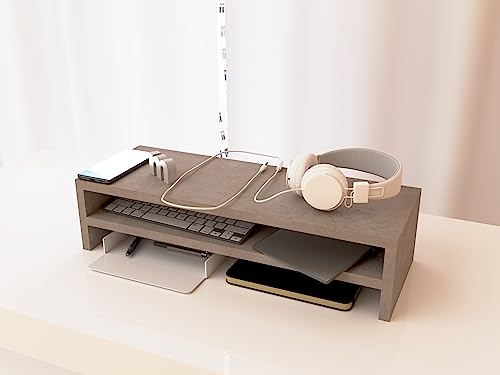 Mahmayi Wooden Riser Monitor Stand with 2 Tier Storage Shelf, Monitor Stand for Home Office Business, PC Desk Stand Monitor Riser for Keyboard Storage, Laptop, Printer, and TV Screen - LIGHT CONCRETE