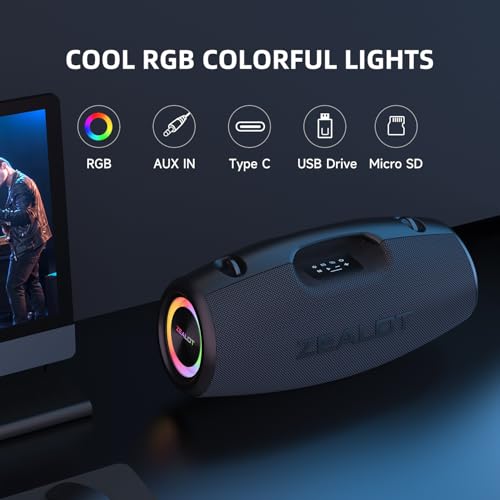 ZEALOT S78 Bluetooth Speaker, 120W Loud Bluetooth Box with Bass, IPX6 Waterproof, BoomBox with Light, Power Bank, Bluetooth 5.2, Outdoor Speaker,Large Speaker for Camping, Beach, Pool