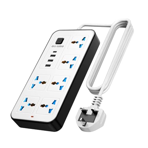 Eli-time Universal Extension Lead with Multiple Function, UK 3 Pin Socket Outlet with 6 Gang | 3 USB Port | 1 Type-C Port,2M Electric Socket Mains Strip for Home,Kitchen,and Office (White)