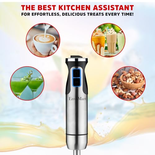 EnvoMart 800W 4-in-1 Hand Blender Set - 2-Speed Stick Mixer with Titanium Plated Stainless Steel Blade, 600ml Mixing Beaker and 860ml Food Chopper, and Whisk Attachment - Kitchen Mixer for Blending