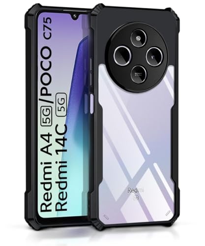 Case for Redmi A4 5G / Poco C75 5G / Redmi 14C Clear Hard PC Back Cover Case with Shockproof Premium TPU Black Border 360 Degree Impact Resistant Transparent Cover