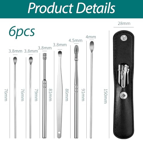6 In 1 Ear Cleansing Tool Set, Ear Wax Removal Kit, Ear Pick, Stainless Steel, Spiral Design, Reusable with Storage Box, Safely, Gently, Ear Cleaner for Kids and Adults, Ear Wax Buildup (Black)