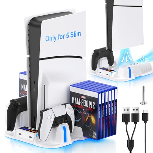 Nepagz PS5 Slim Cooling Stand With Controller Charging Station, 3-Level Fan, 12 Game Storage for PlayStation 5 (Digital/Disc) - White