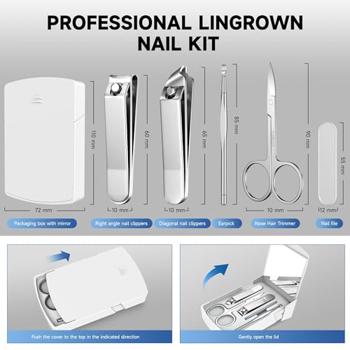 Azonee Stainless Steel Nail Clipper Kit, Personal Nail Care Tool Set, 5-Piece Nail Care Kit, Nail Clippers, Nail File, Eyebrow Trimming Scissors and Ear Pick, Nail Clipper Kit for Travel or Home