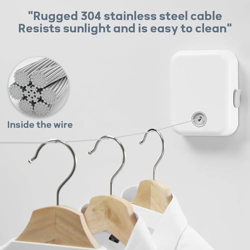 KASTWAVE Heavy Duty Retractable Clothesline - Indoor & Outdoor Wall Mounted Drying Line with Steel Wire Rope for Easy Hanging