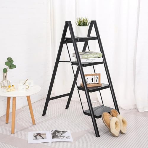 MOMENT 4 Step Ladder Folding, Sturdy 150kg Small Step Stool for Adults, Safer Full Steel Multi-use Kitchen Ladder for Home, Closet Step Stool Ladder with Anti-Slip Wide Pedals, Black