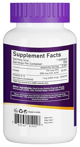 NBL Natural 1000 mcg Nervous System Health Vitamin B12 Supplement, 100-Softgels