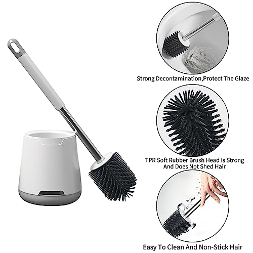 Wesoke Toilet Brush and Holder Set, Silicone Toilet Cleaner Brush Deep Cleaning Toilet Bowl Brush with Ventilated Holder & Long Handle for Bathroom Restroom, Floor Standing Toilet Scrubber Accessories