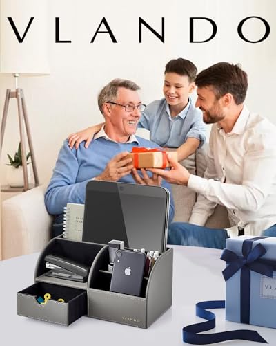 Vlando Desk Organizers with Drawer, Back to School Supplies for Desk Caddy Office Supplies with 5 Compartment Desktop Storage Holder with Drawer Organizer Section for Desk Accessories for Home(Gray)