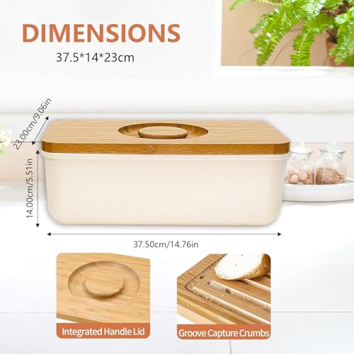 Bread Box, Large Bread Storage Container With Bamboo Wood Cutting Board Lid & Bread Slicer Holder, Rectangular Cream Color Bread Container, For Kitchen Countertop