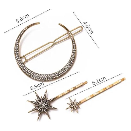 COOLive 6 Pieces Rhinestone Stars Moon Hair Clips Vintage Star Hairpins Crystal Decorative Bobby Pins Metal Alloy Hair Pins Snowflake Side Clip Hair Accessories for Women Girls (Silver, Gold)