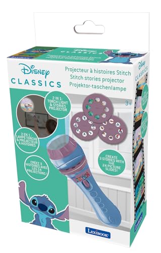 Lexibook - Disney Stitch - Stories projector, torch light and projector with 3 discs, 24 images, create your own stories, LTC050D