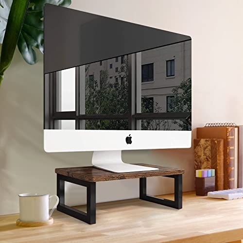 Angju Wood Vintage Monitor Stand Holder, PC Laptop Computer Screen Riser, Desktop Storage Organiser Shelf for Home or Office, 40 x 23 x 14cm, Dark Brown