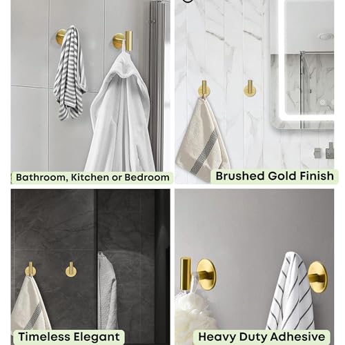 2-Pack Gold Self Adhesive Towel Hook– Self Adhesive Hooks and Towel Holders. Easy Wall Mount Golden Hooks for Coats, Keys, and Robes. Ideal Door Hanger and Towel Hook for Bathroom, Kitchen, Bedroom