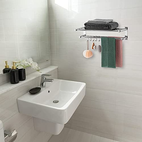 AUTOYSUR Bathroom Towel Rack, Towel Shelf with Two-Tier Architecture, Folding Towel Bars Wall Mount Holder, 5 Removable Hooks and Adjustable Towel Bar, Toilet Bathroom Bath Towel Cleaning Tools Holder