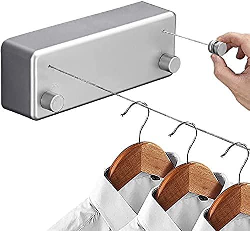 KASTWAVE Retractable Clothesline Double Rope, Indoor & Outdoor Adjustable Stainless Steel Double Rope Wall Mounted Space Saving Clothes Line for Balcony 13.8ft (Silver)
